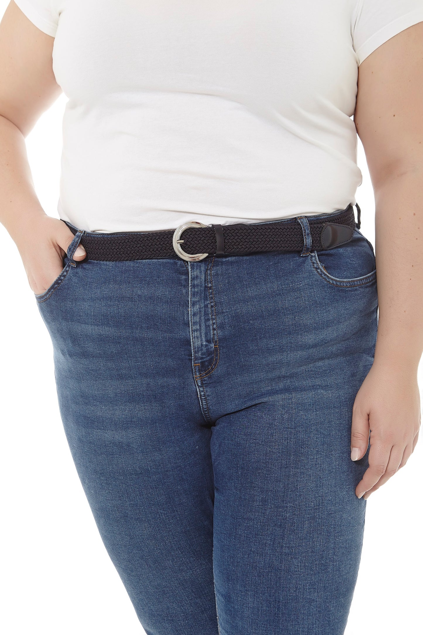 Ceinture élastique tressée avec bordure en cuir