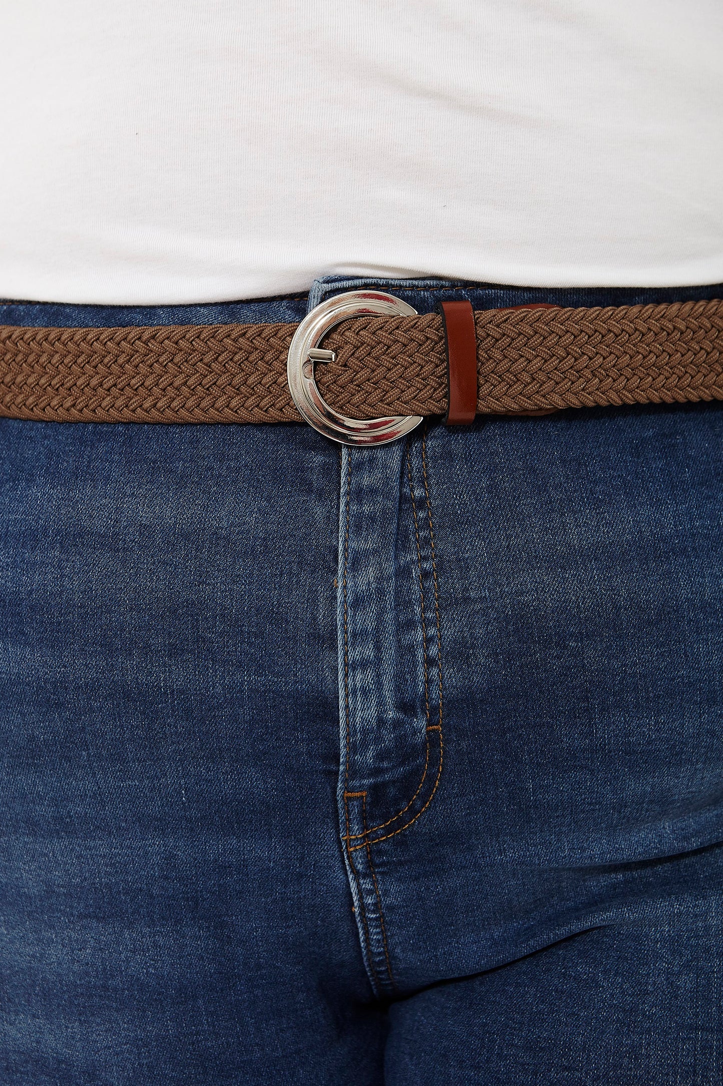Ceinture élastique tressée avec bordure en cuir