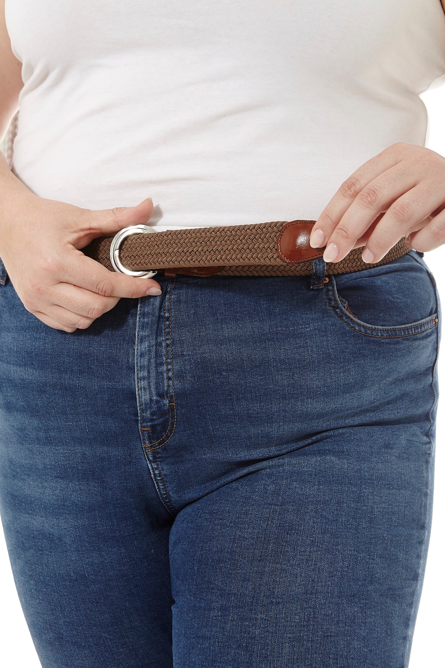 Ceinture élastique tressée avec bordure en cuir